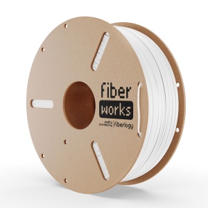 Două role de filament PLA FiberWORKS alb, cu eticheta produsului vizibilă