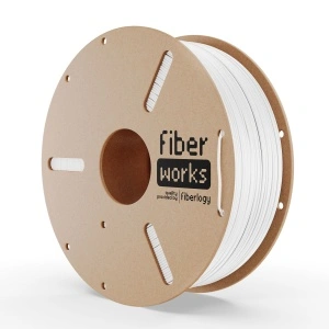 Două role de filament PLA FiberWORKS alb, cu eticheta produsului vizibilă