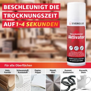 Everglue Sekundenkleber Aktivator caracteristici: accelereaza uscarea la 1-4 secunde, compatibil cu lemn, spuma, plastic, hartie, carton, metal, sticla, cauciuc, ceramica, cod 650066