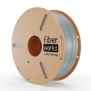 Rolă filament PETG FiberWORKS gri, vedere frontală cu eticheta Fiberlogy