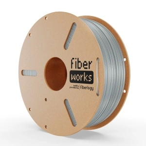 Rolă filament PETG FiberWORKS gri, vedere frontală cu eticheta Fiberlogy