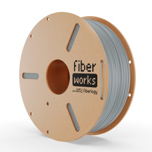 Rolă filament PLA FiberWORKS gri, vedere frontală cu eticheta Fiberlogy
