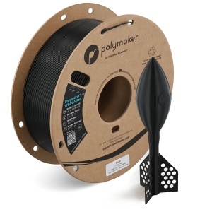 Rolă filament Polymaker HT-PLA Pro Black alături de un model printat 3D