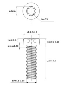Desen tehnic și cote dimensiuni pentru șurub M1.6x16 mm TX5, cap redus de la Reprapmania