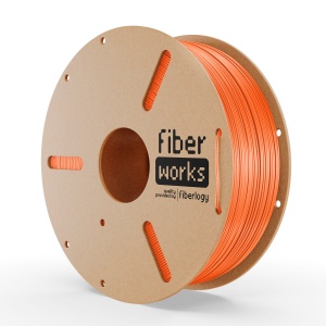 Rolă filament PETG FiberWORKS portocaliu, vedere frontală cu eticheta Fiberlogy