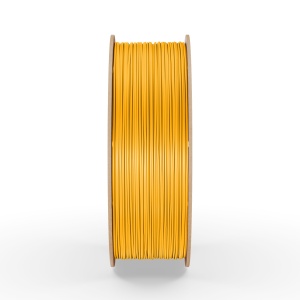 Rolă filament PETG FiberWORKS galben, vedere laterală a filamentului înfășurat