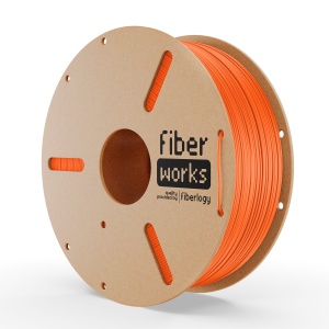 Rolă filament PLA FiberWORKS portocaliu, vedere frontală cu eticheta Fiberlogy