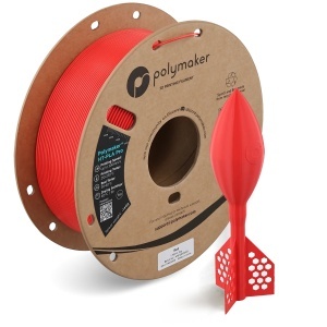 Rolă filament Polymaker HT-PLA Pro Red alături de un model printat 3D