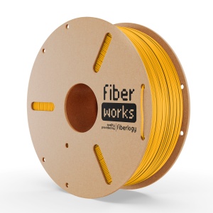 Rolă filament PLA FiberWORKS galben, vedere frontală cu eticheta Fiberlogy