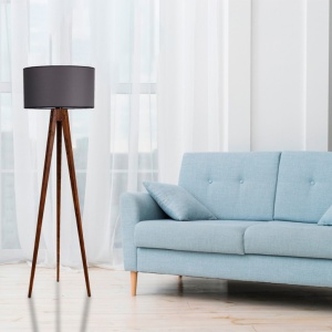 Állólámpa, Tripod Ceviz Lambader Silindir Koyu Gri Abajurlu, szürke/dió