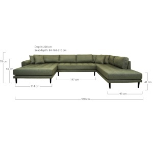 Coltar dreapta in forma de U open end Lido, Verde masliniu, 220x370x76 cm