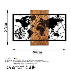 Fa és fém kép World, dió, 57x84 cm - Img 6