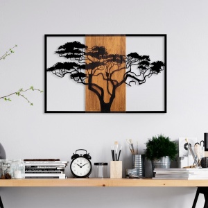 Fali dekoráció, keretes, fából és fémből, Acacia Tree, dió, 90x58 cm