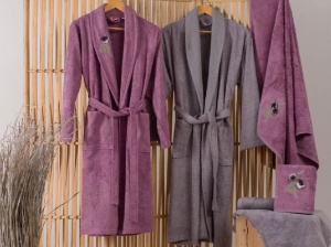 Fürdőköpeny és törölköző szett, Violet, lila-szürke, bambusz