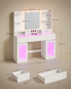 Masa machiaj cu LED, prize si blat de sticla, Kailyn, Alb, 107x40x144.5 cm - Img 4