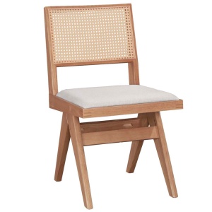 Szék, Winslow, kaucsukfa, dió színű, bézs rattan PVC, szürke textil anyag - Img 1