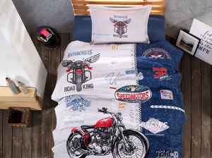 Ágyneműhuzat és ágytakaró szett 1 személyes, gyerek, Road King, kék, 100% pamut