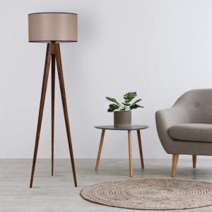 Állólámpa, Tripod Ceviz Lambader Silindir Koyu Hasir Abajurlu, dió