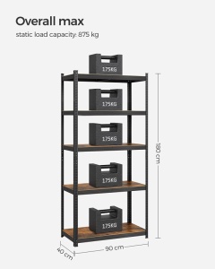 Polc 5 szintes, Songmics, 40 x 90 x 180 cm, barna, GLR040B11 - Img 9
