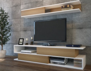 TV komód szett, Sims, fehér-teak