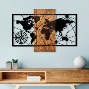 Fa és fém kép World, dió, 57x84 cm