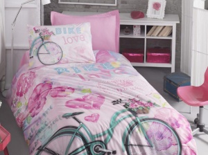Gyerek ágyneműhuzat, Bike, rózsaszín, 100% pamut