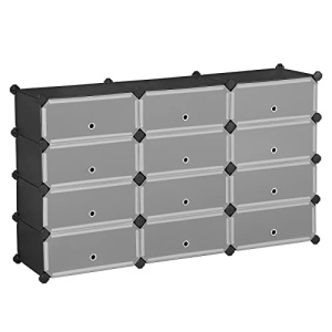 Műanyag tároló cipőtároló, 12 dobozos szett, Songmics, fekete, 83x31x105 cm - Img 3
