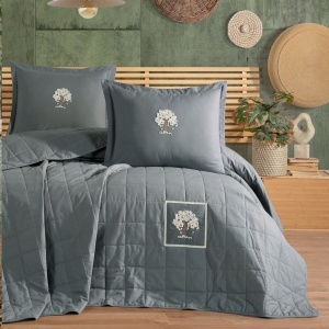 Set cuvertura matlasata Verra cu broderie 3 piese Gri metalic (Bumbac 100%)