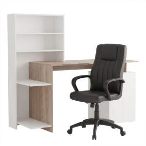 Set mobilier studenti birou cu biblioteca si scaun birou, 2 buc, Wisom, Sonoma, 146.3x55x128.8 cm - Img 2