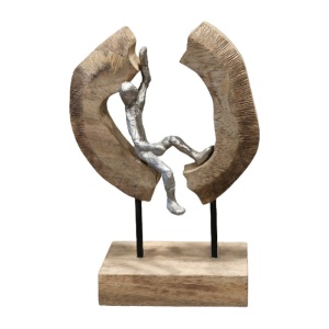 Asztali dekoráció, Vualo, natúr mangófa és alumínium, 18x10x26 cm