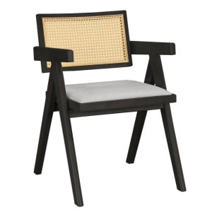 Fotel, Winslow, fekete gumifa, natúr színű PVC rattan, szürke
