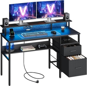 Íróasztal, Vasagle, fekete, LED, 2 USB-A, 55 x 135 x 90 cm