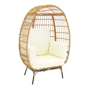 Kerti fotel, Frox, fonott rattan, natúr és fekete fém lábak, bézs párna, 96x76x145 cm