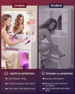 Masa machiaj cu LED, prize si blat de sticla, Kailyn, Alb, 107x40x144.5 cm - Img 5