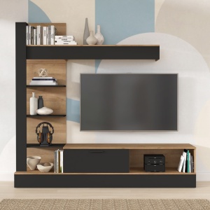 TV komód szett, Dranko, melamin, fekete tölgy, 205x41.5x192 cm - Img 2
