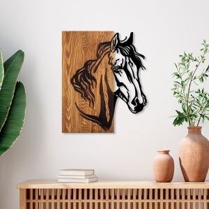 Fa és fém kép Horse, dió, 48x57 cm