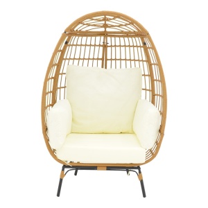 Kerti fotel, Frox, fonott rattan, natúr és fekete fém lábak, bézs párna, 96x76x145 cm - Img 4