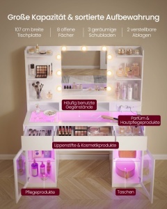 Masa machiaj cu LED, prize si blat de sticla, Kailyn, Alb, 107x40x144.5 cm - Img 2