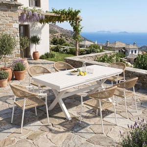Set masa si scaune dining, 7 buc, Dagyn Ammos, Pako, Alb 240x90x76 cm