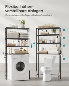 WC vagy mosógép fölé helyezhető polc, Songmics, fekete, 83x30x179 cm - Img 4