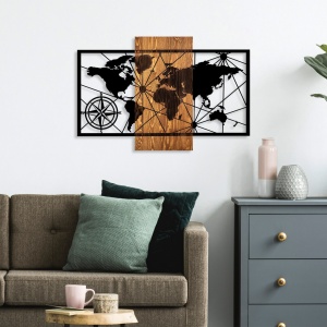 Fa és fém kép World, dió, 57x84 cm - Img 2