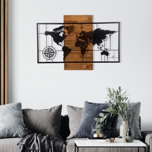 Fali dekoráció, fából és fémből, Harta cu busola, fekete, 85x58 cm