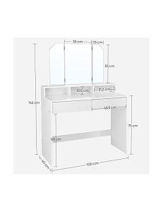 Fésülködőasztal tükörrel, Vasagle RDT115W01, fehér, 40 x 100 x 142 cm - Img 3