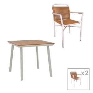 Kerti asztal és szék szett, Synergy Clutch, alumínium, fehér/natúr rétegelt lemez, 80x80x74 cm, 3 db-os