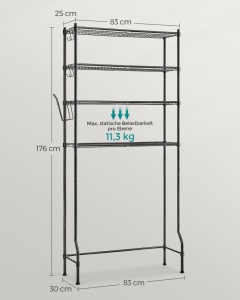 WC vagy mosógép fölé helyezhető polc, Songmics, fekete, 83x30x179 cm - Img 5