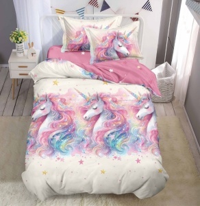 Egyszemélyes gumis ágyneműhuzat, Unicorn, finom pamut (flanel), 140x200 cm