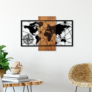 Fa és fém kép World, dió, 57x84 cm - Img 3