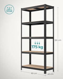 Fém polc, Songmics, fekete, 90x40x180 cm - Img 3