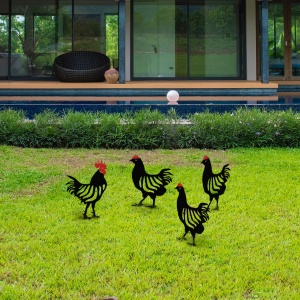 Kerti dekoratív fém kiegészítők szettje, Chicken Family, fekete, 23x27 cm
