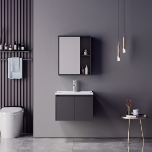 Set mobilier baie inclus lavoar cu baterie plus masca si dulapior cu oglinda, 2 buc, Chinky Mentis, Antracit, 60x47x48 cm